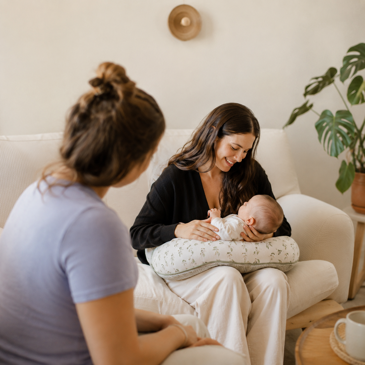 Doula accompagnant une jeune mère et son bébé dans le salon